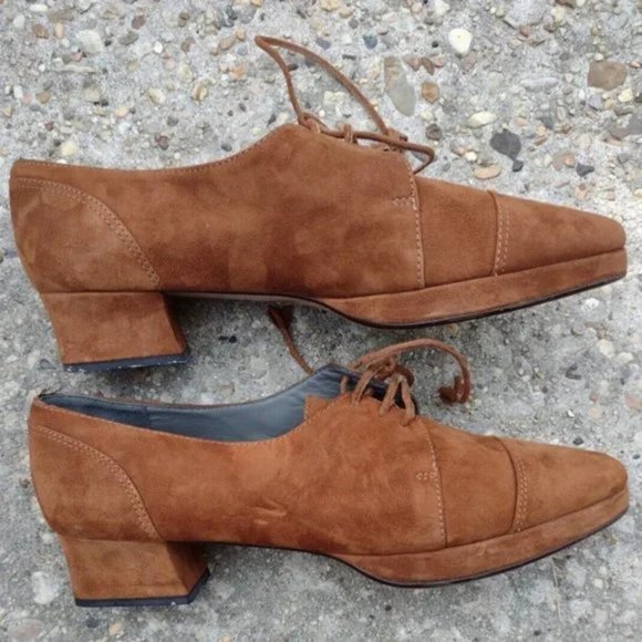 Vintage Ellen Tracy Italy Brown Suede Oxford Heel Shoes 10M NWOT Quiet Luxury - Picture 5 of 8